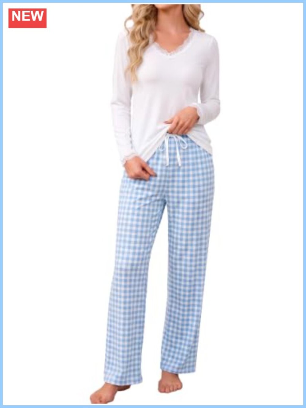Ribbed Knit Pajama Set Long Sleeve Lace V-Neck Wide Leg Pants Lounge Sleepwear